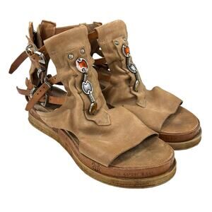 A.S.98 Tan Leather Gladiator Sandals with Amber and Silver Accents